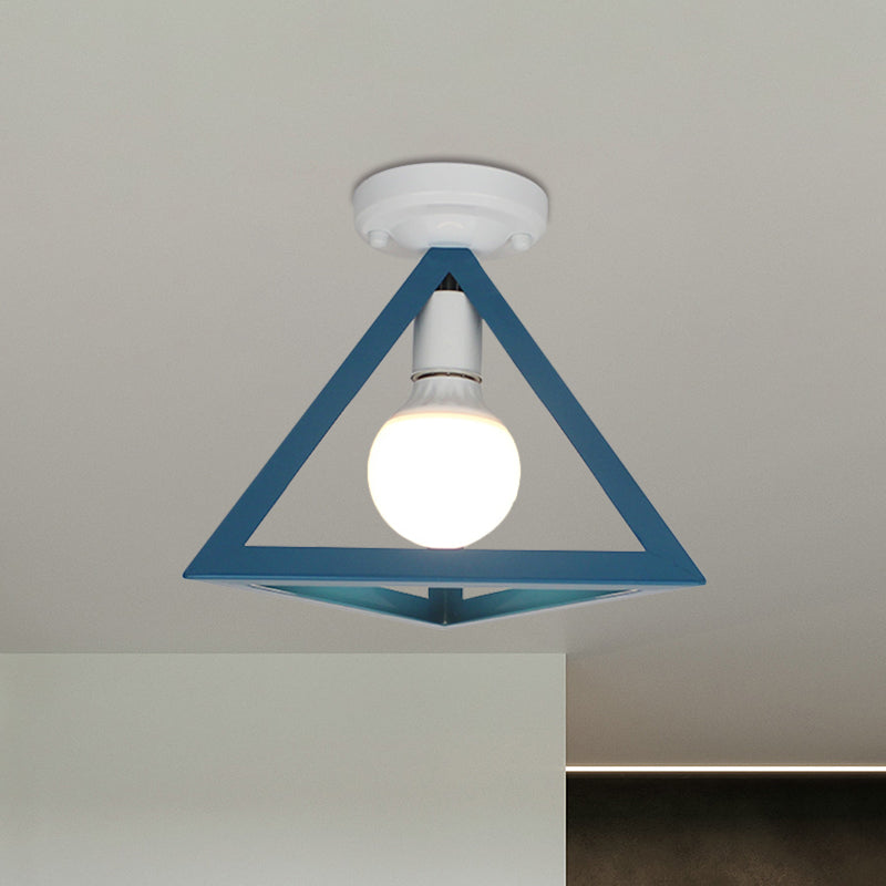 Loft Style Triangle Ceiling Fixture with Cage Shade 1 Bulb Metallic Semi Flush Mount Light in Black/Red