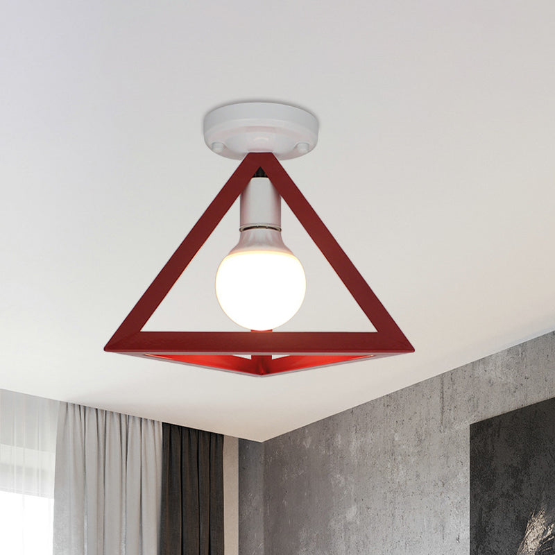 Loft Style Triangle Ceiling Fixture with Cage Shade 1 Bulb Metallic Semi Flush Mount Light in Black/Red