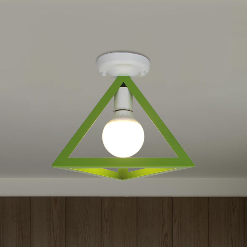 Loft Style Triangle Ceiling Fixture with Cage Shade 1 Bulb Metallic Semi Flush Mount Light in Black/Red