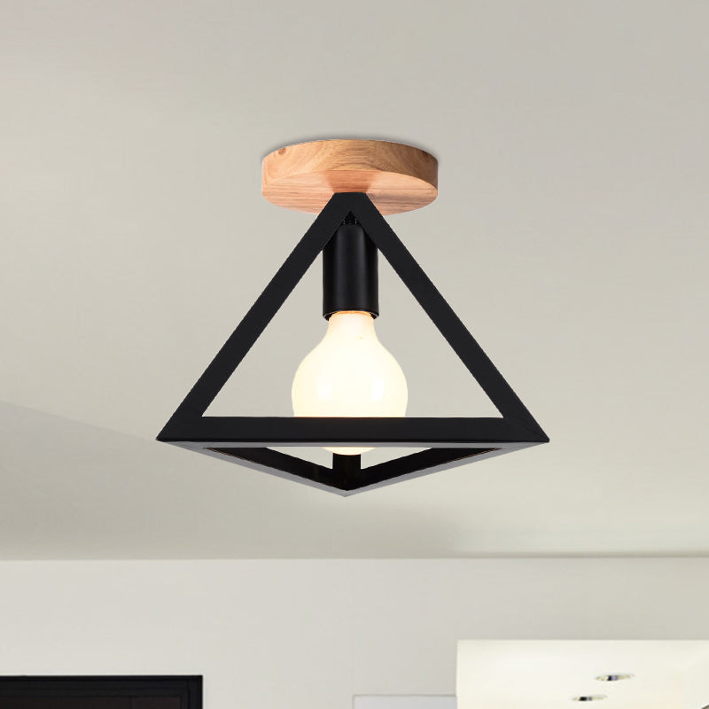 Loft Style Triangle Ceiling Fixture with Cage Shade 1 Bulb Metallic Semi Flush Mount Light in Black/Red