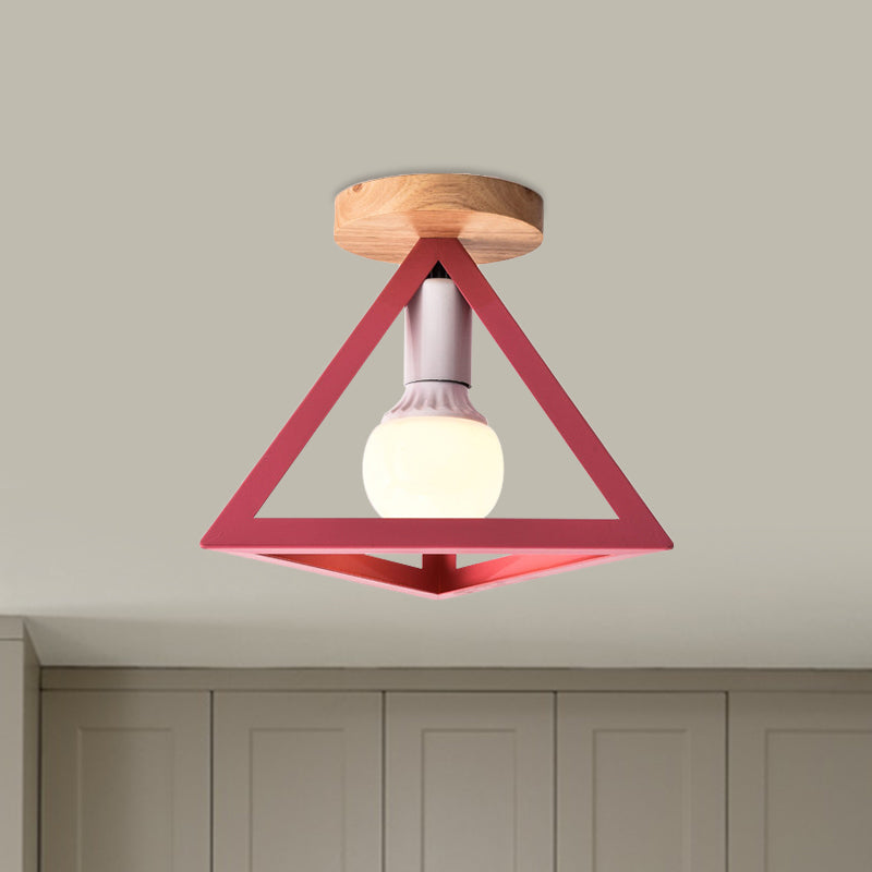 Loft Style Triangle Ceiling Fixture with Cage Shade 1 Bulb Metallic Semi Flush Mount Light in Black/Red