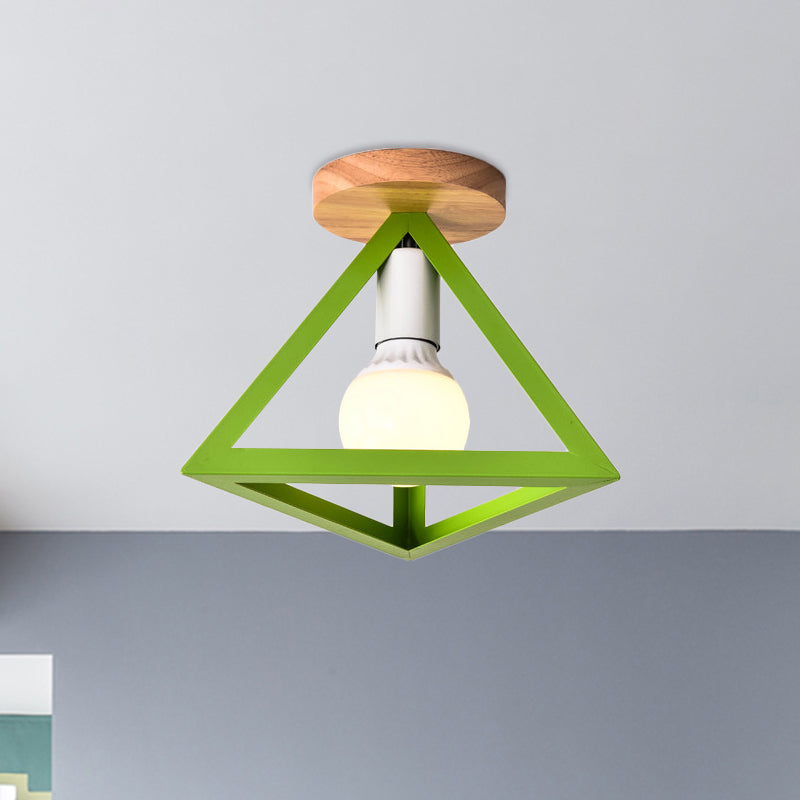 Loft Style Triangle Ceiling Fixture with Cage Shade 1 Bulb Metallic Semi Flush Mount Light in Black/Red