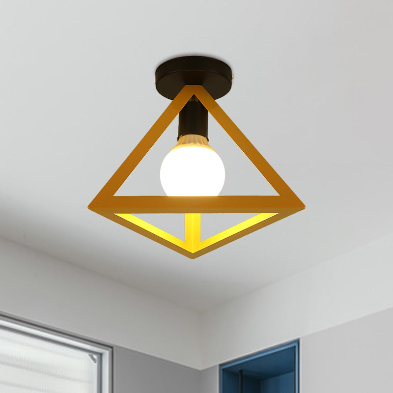 Loft Style Triangle Ceiling Fixture with Cage Shade 1 Bulb Metallic Semi Flush Mount Light in Black/Red