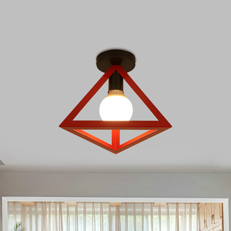 Loft Style Triangle Ceiling Fixture with Cage Shade 1 Bulb Metallic Semi Flush Mount Light in Black/Red