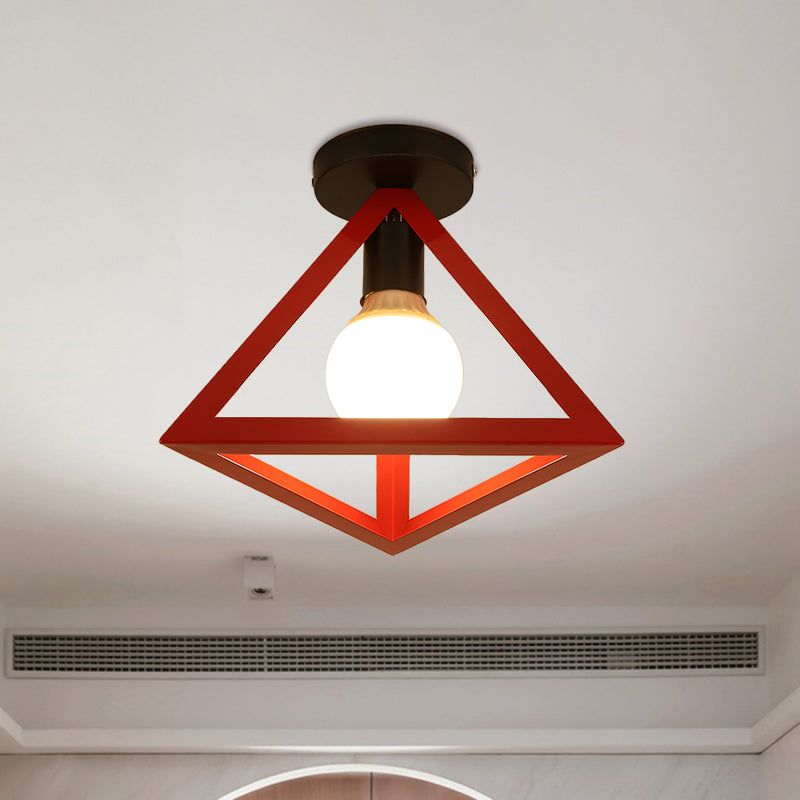 Loft Style Triangle Ceiling Fixture with Cage Shade 1 Bulb Metallic Semi Flush Mount Light in Black/Red