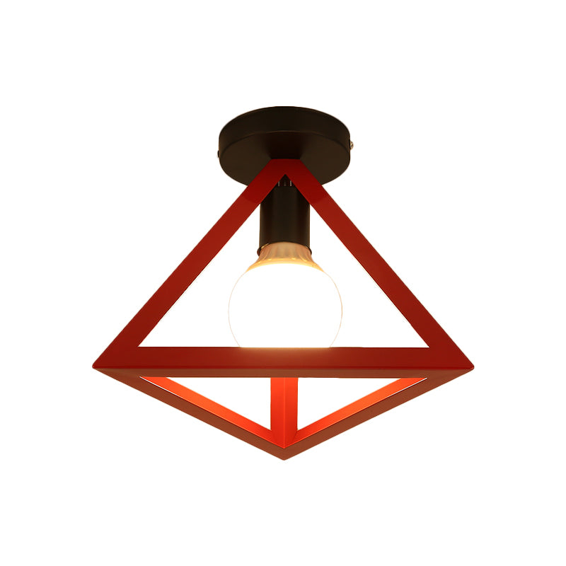 Loft Style Triangle Ceiling Fixture with Cage Shade 1 Bulb Metallic Semi Flush Mount Light in Black/Red