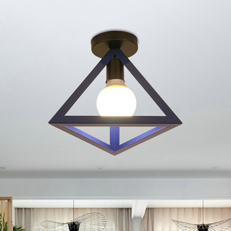 Loft Style Triangle Ceiling Fixture with Cage Shade 1 Bulb Metallic Semi Flush Mount Light in Black/Red