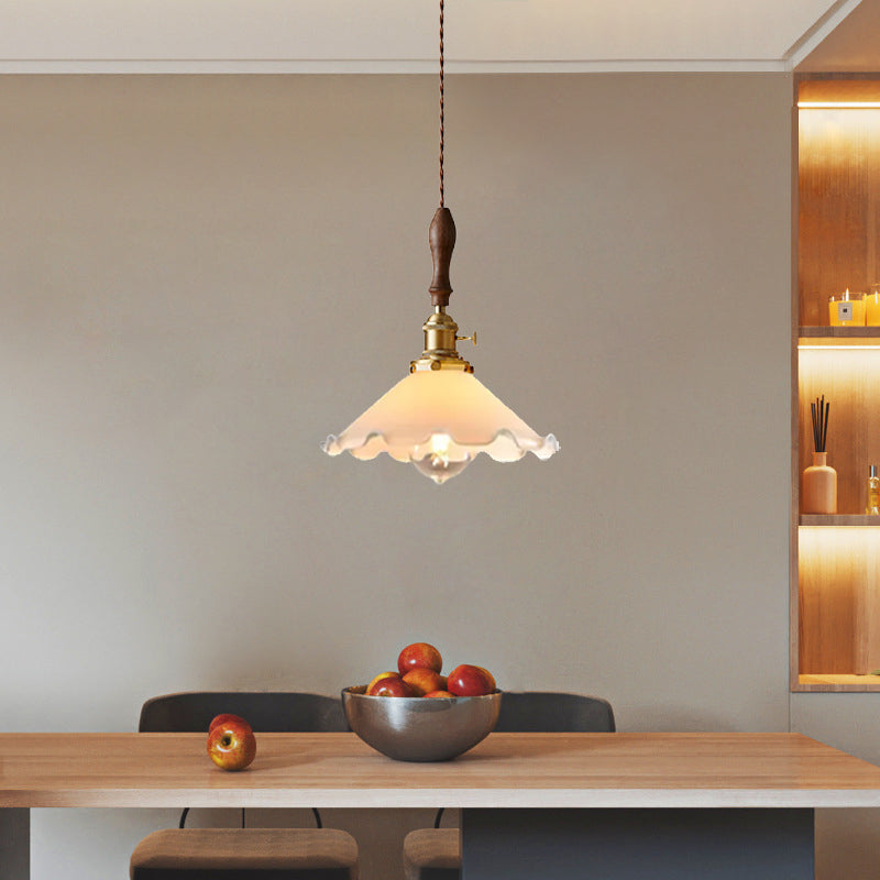 Farmhouse Scalloped Pendant Lamp 1 Light White Glass Hanging Light Fixture in Brass