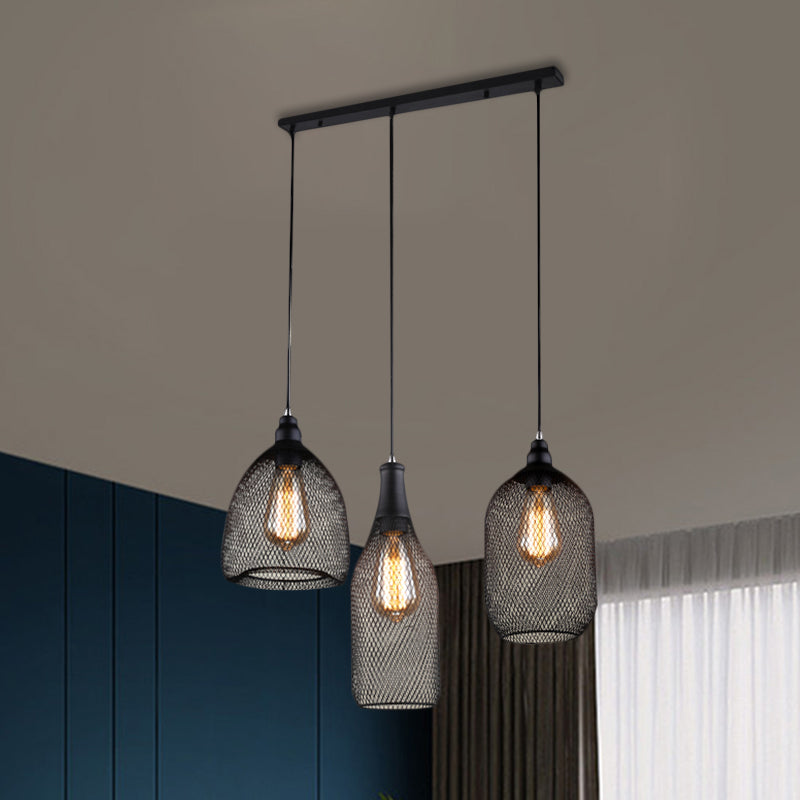 Mesh Cage Metal Hanging Light Antique 3 Heads Dining Room Suspension Lamp with Different Shade in Black