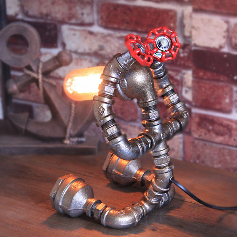 Table de robot en fer forgé légère avec vanne à eau Steampunk 1 lampe de table de café en bulbe en argent