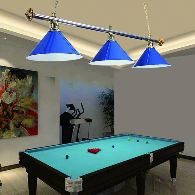 Conical Metallic Billiard Light Factory 3-Head Indoor Island Lighting Fixture in Black/Red/Blue