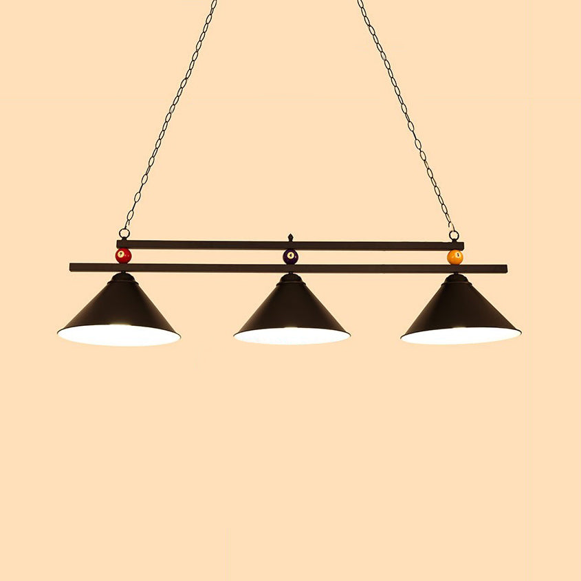 Conical Metallic Billiard Light Factory 3-Head Indoor Island Lighting Fixture in Black/Red/Blue
