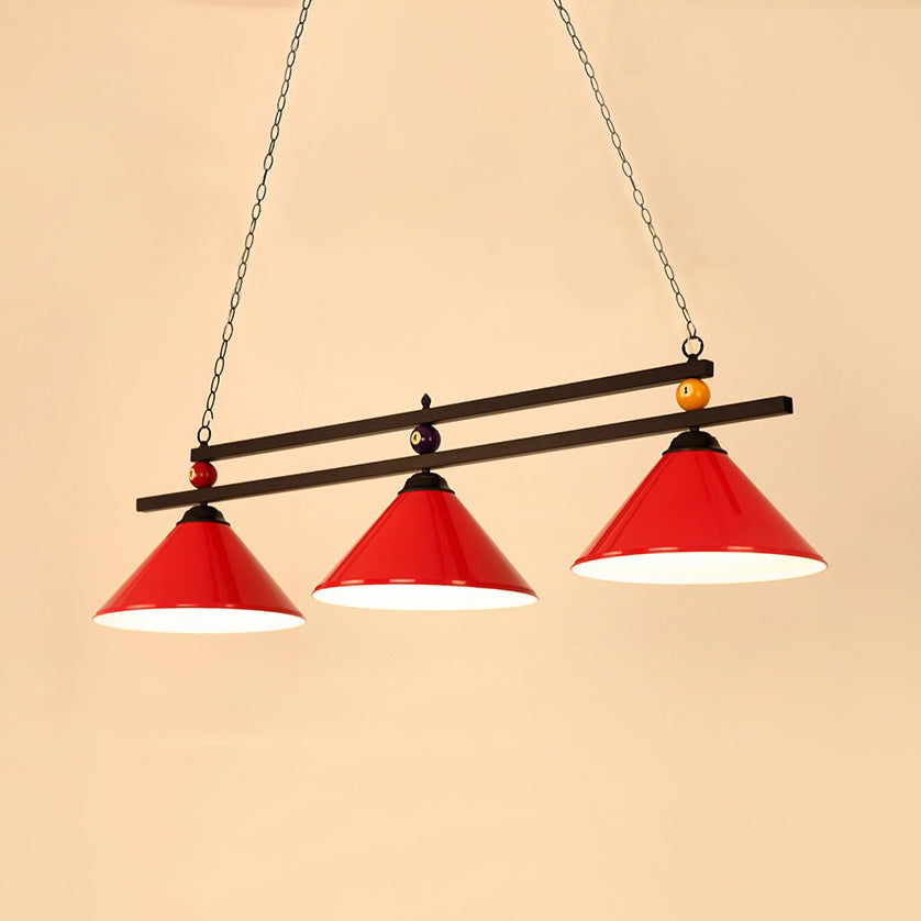 Conical Metallic Billiard Light Factory 3-Head Indoor Island Lighting Fixture in Black/Red/Blue