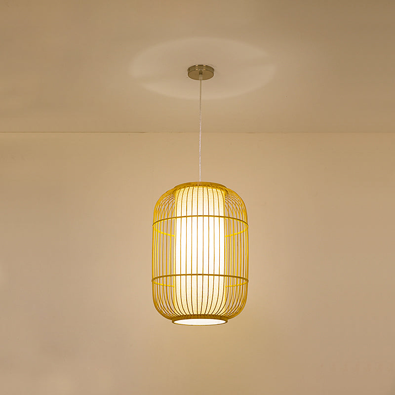 Beige Elongated Oval/Barrel Drop Pendant Asian 1-Light Bamboo Ceiling Hanging Lantern, 16"/19.5"/31.5" Height
