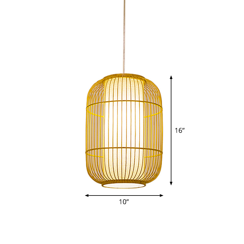 Beige Elongated Oval/Barrel Drop Pendant Asian 1-Light Bamboo Ceiling Hanging Lantern, 16"/19.5"/31.5" Height