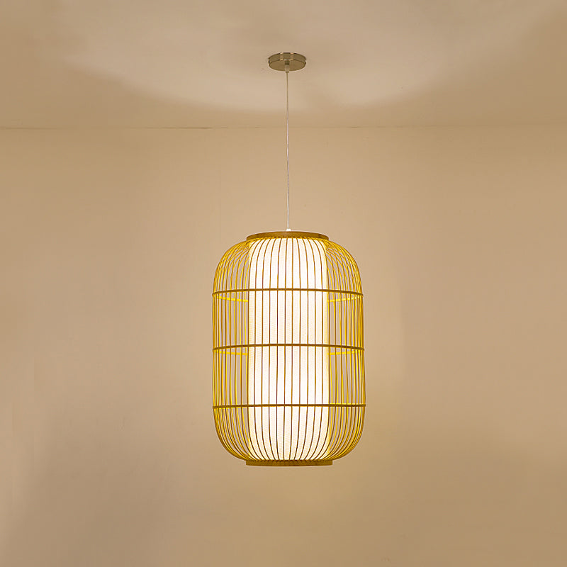 Beige Elongated Oval/Barrel Drop Pendant Asian 1-Light Bamboo Ceiling Hanging Lantern, 16"/19.5"/31.5" Height