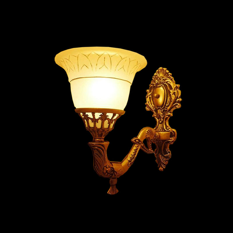 Traditional Bell Wall Mounted Light 1 Head Frosted Glass Sconce Lighting with Carved Arm in Brass