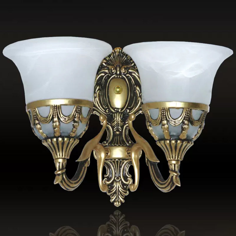 2-Light Wall Light Fixture Traditional Corridor Wall Sconce with Bell Alabaster Glass Shade in Bronze