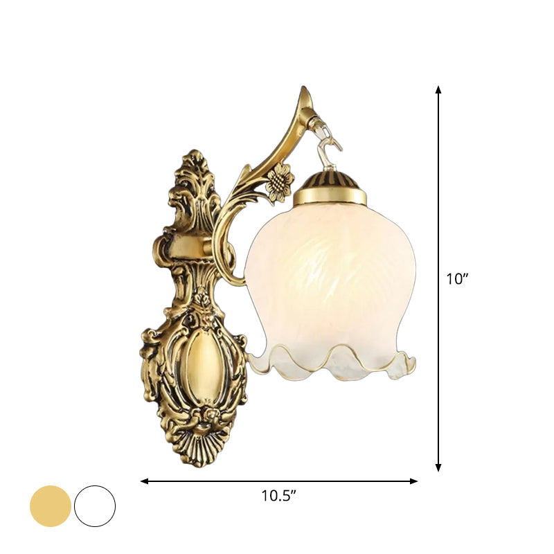 Frosted Glass White/Bronze Wall Sconce Lettuce-Trim Shade 1 Head Traditional Wall Light Fixture