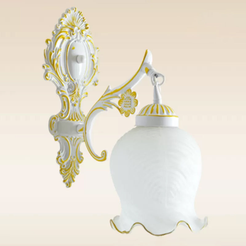 Frosted Glass White/Bronze Wall Sconce Lettuce-Trim Shade 1 Head Traditional Wall Light Fixture