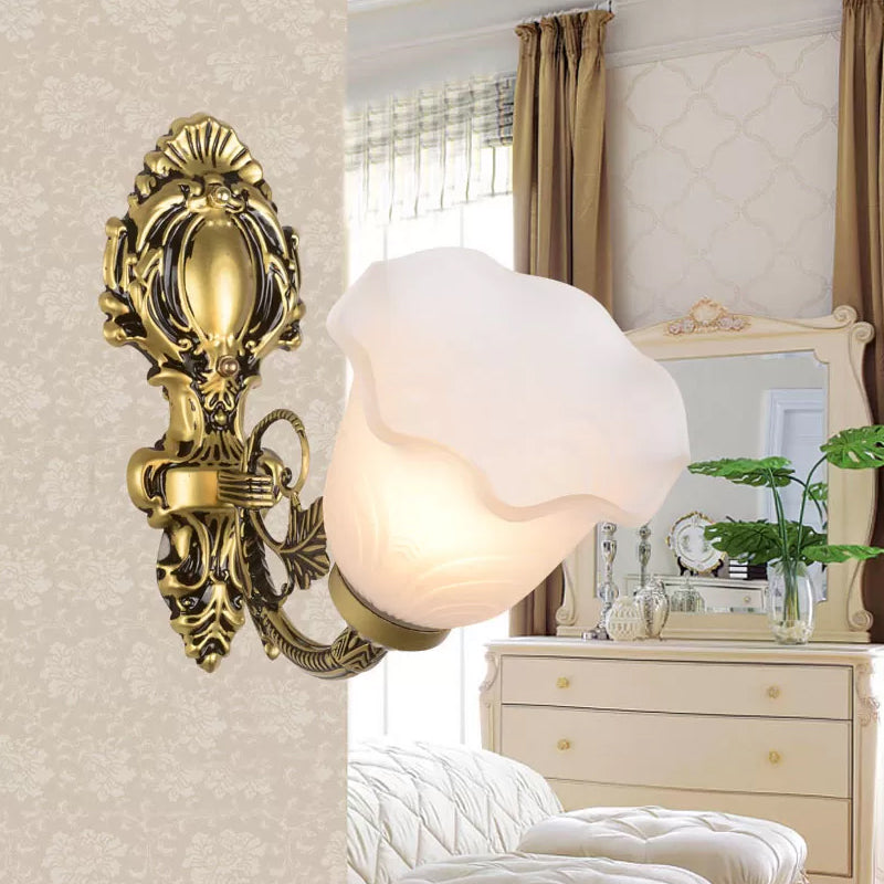 1 Light Bellflower Wall Sconce Farmhouse Bronze Milky Frosted Glass Wall Mounted Light for Corner