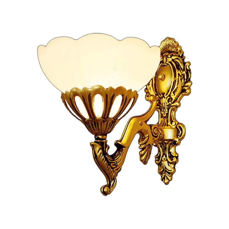 Scalloped Bedroom Wall Light Kit Traditional Cream Glass 1 Head Antiqued Bronze Wall Mount Lamp