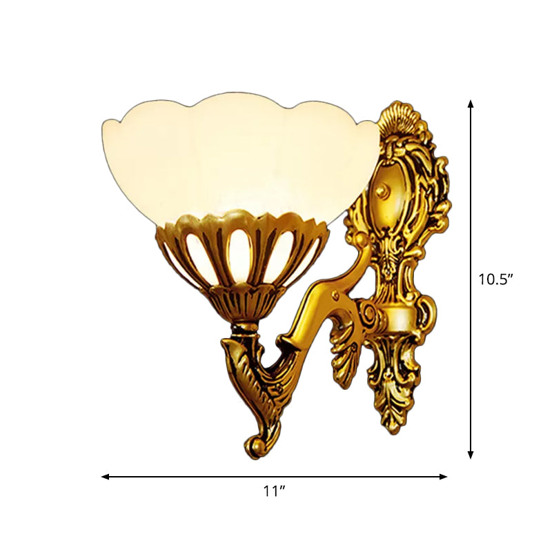 Scalloped Bedroom Wall Light Kit Traditional Cream Glass 1 Head Antiqued Bronze Wall Mount Lamp