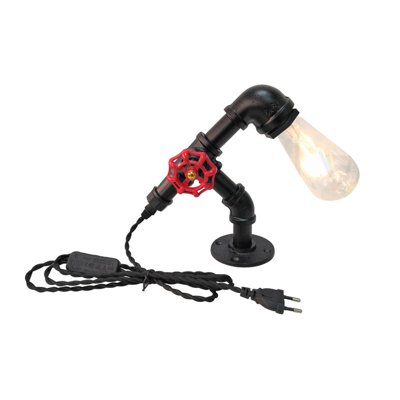 Lampada da tavolo in metallo a 1 luce industriale Black Finitura Black Design Camera da letto Luce con ruota valvola