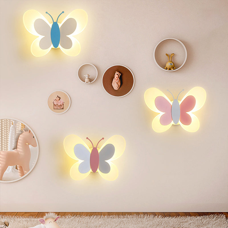 Butterfly LED Sconce Lamp Cartoon Acrylic Pink/White/Blue LED Wall Lighting Fixture in Warm/White Light for Kindergarten
