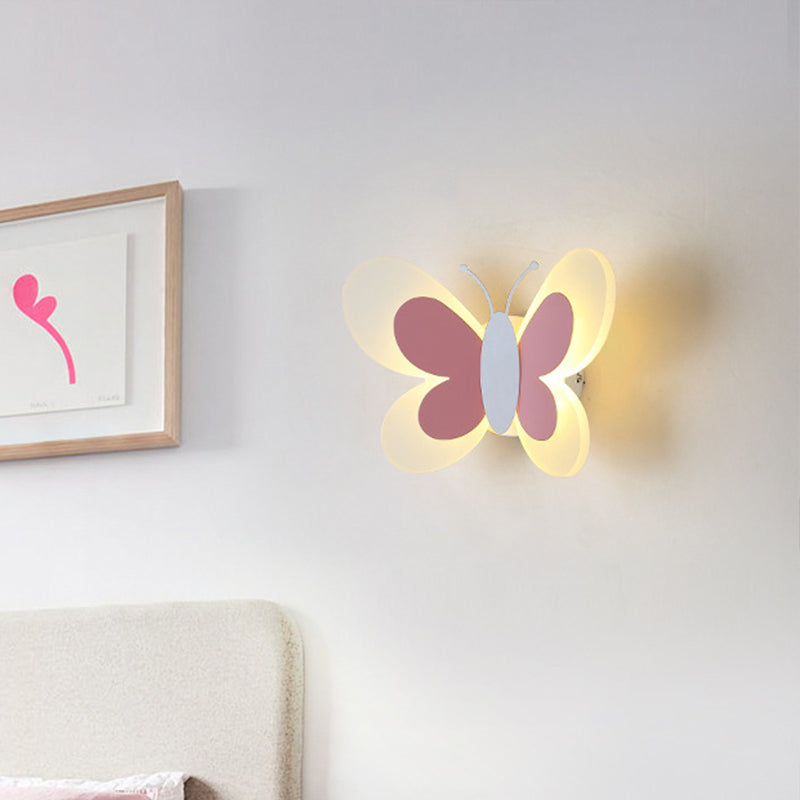 Butterfly LED Sconce Lamp Cartoon Acrylic Pink/White/Blue LED Wall Lighting Fixture in Warm/White Light for Kindergarten
