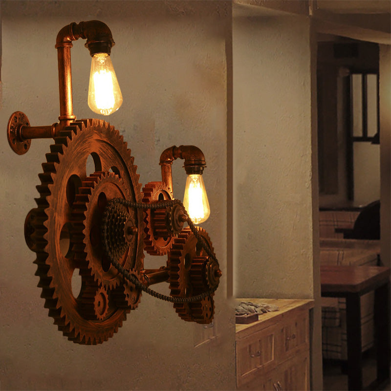 Verwitterte Kupfer freiliegende Wandbeleuchtung Vintage Metall 2 Lichter Innenleuchte mit Zahnrad