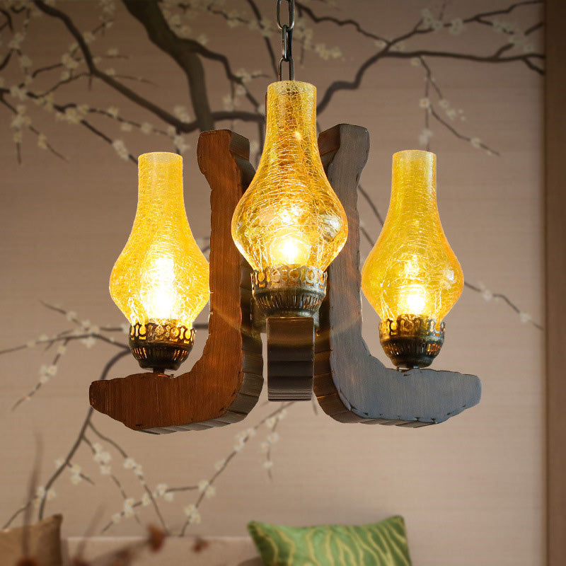 3-Licht-Knisternglas hängend Kronleuchter Vintage gelbe Vase Wohnzimmer Anhängerleuchte mit Holz