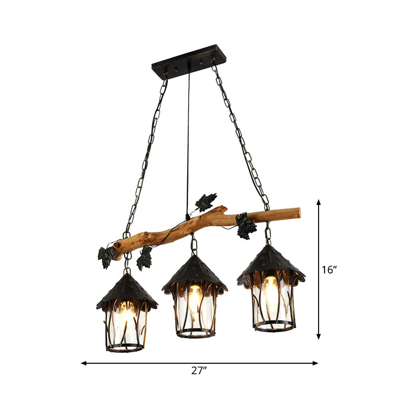 Black Lantern Island Light Fixture Industrial Clear Glass 3-Bulb Kitchen Hanging Lamp, 27" Wide