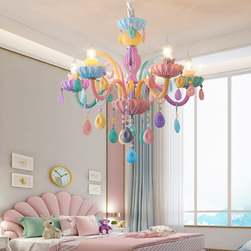 Candle Kid Bedroom Chandelier Glass Macaron Style Multi-Color Suspension Light with Teardrop Crystal