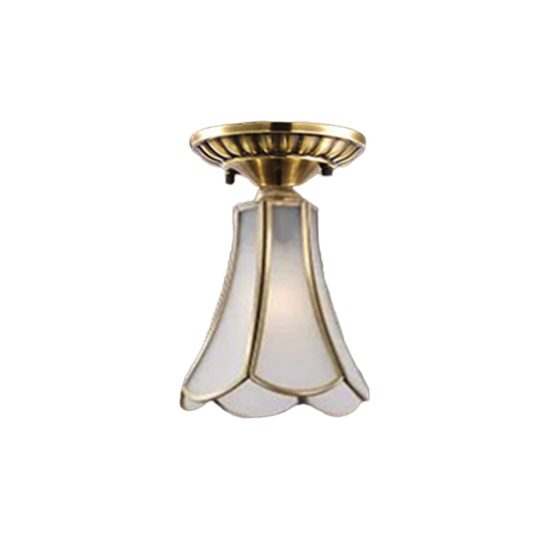 Curved/Cylinder/Flower Frosted Glass Flush Lamp Colonial 1-Light Corridor Flush Mount Light in Brass
