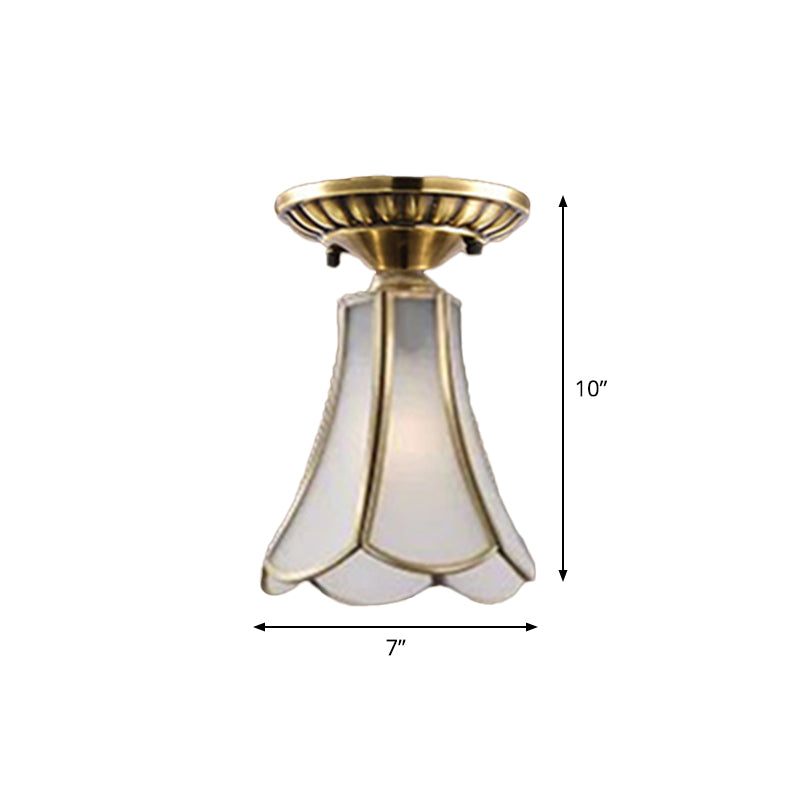 Curved/Cylinder/Flower Frosted Glass Flush Lamp Colonial 1-Light Corridor Flush Mount Light in Brass