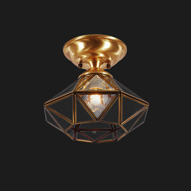 10"/12" W Colonial Diamond Flush Ceiling Light 1-Light Clear Beveled Glass Panels Flush Mount in Brass