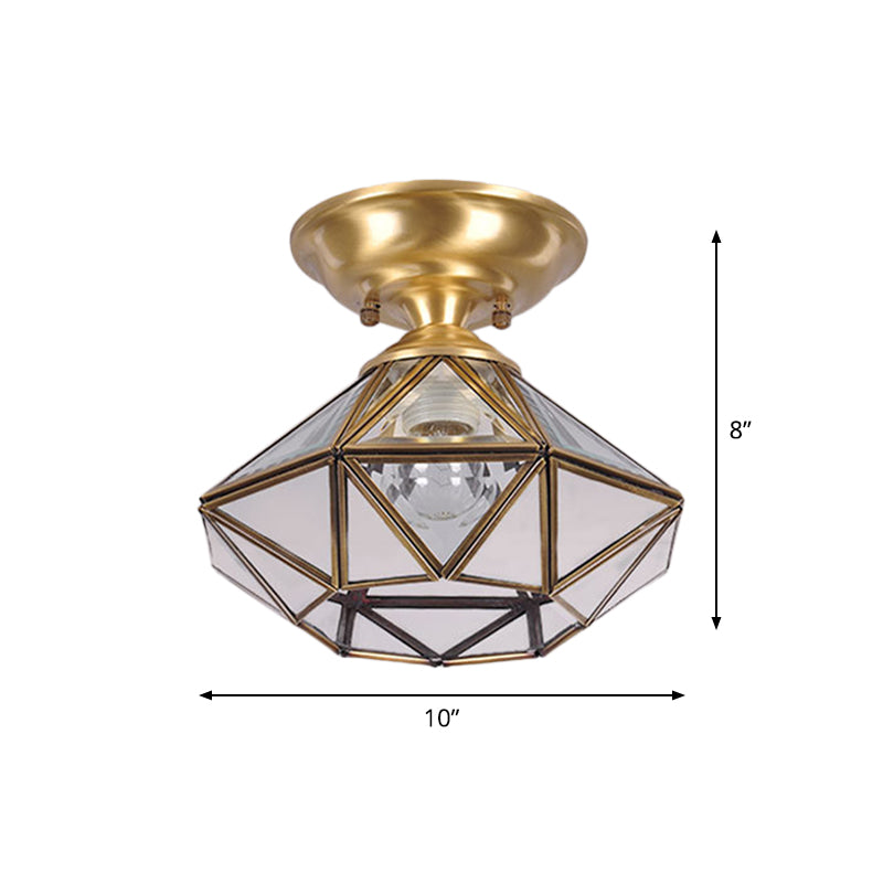 10"/12" W Colonial Diamond Flush Ceiling Light 1-Light Clear Beveled Glass Panels Flush Mount in Brass