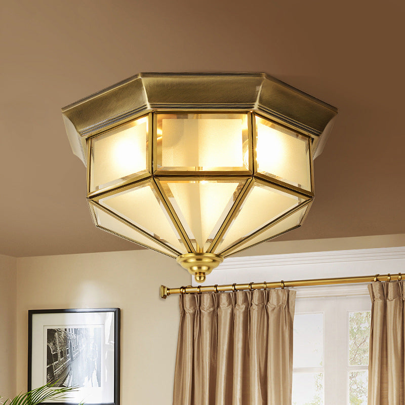 13"/15" W 2 Lights Frosted Glass Flush Mount Lamp Vintage Brass Octagon Living Room Flush Ceiling Light