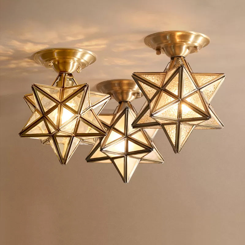 Plafonnier de chambre à coucher diamant/étoile encastré traditionnel en verre transparent à 1 lumière en laiton
