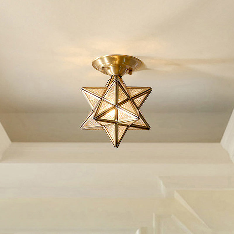 Plafonnier de chambre à coucher diamant/étoile encastré traditionnel en verre transparent à 1 lumière en laiton