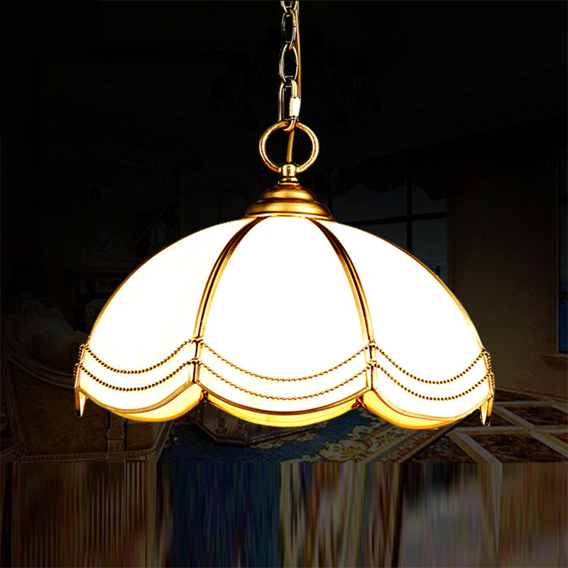 1 Head Textured White Glass Pendant Lamp Traditional Brass Scalloped Bedroom Hanging Ceiling Light
