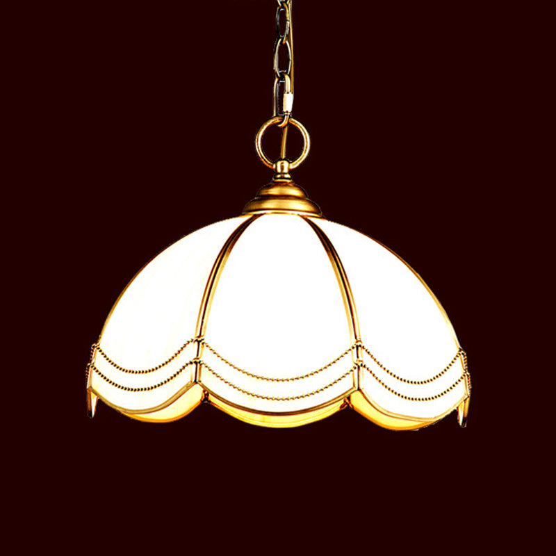 1 Head Textured White Glass Pendant Lamp Traditional Brass Scalloped Bedroom Hanging Ceiling Light