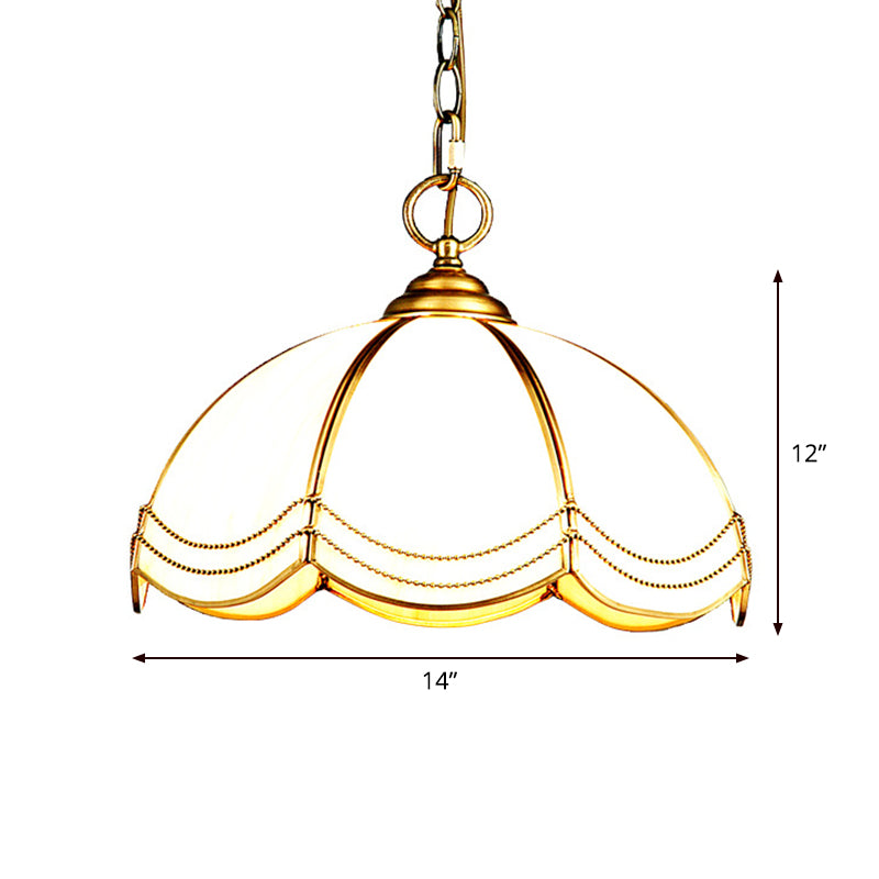 1 Head Textured White Glass Pendant Lamp Traditional Brass Scalloped Bedroom Hanging Ceiling Light