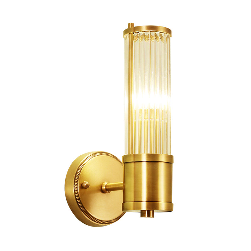 Ribbed Crystal Pole Wall Lamp Traditional 1/2-Light Bedroom Wall Sconce Lighting in Brass