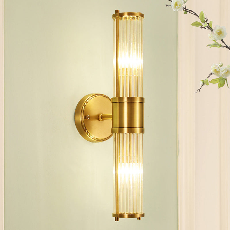 Ribbed Crystal Pole Wall Lamp Traditional 1/2-Light Bedroom Wall Sconce Lighting in Brass