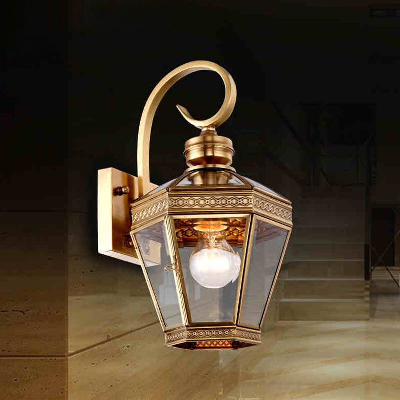 1-Light Wall Lighting Minimalist Outdoor Wall Light Sconce with Lantern Clear Glass Shade in Brass