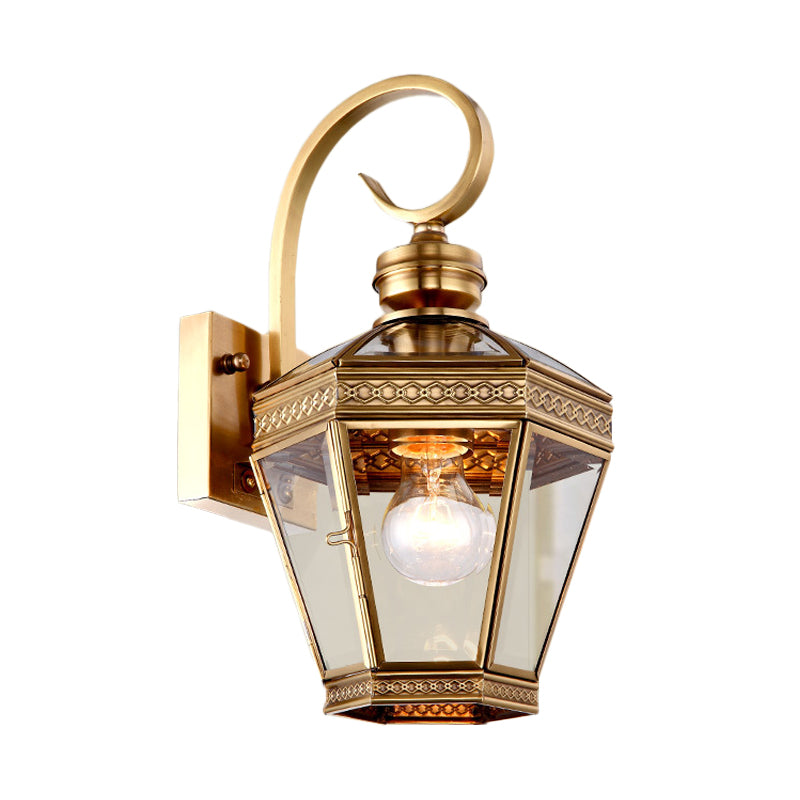 1-Light Wall Lighting Minimalist Outdoor Wall Light Sconce with Lantern Clear Glass Shade in Brass