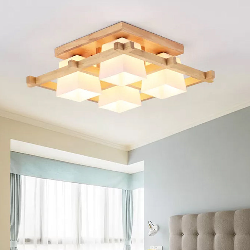 Nordic 4/6/9-Light Ceiling Mount Light Wood Grid Semi Flush Mount with Opal Frosted Glass Shade