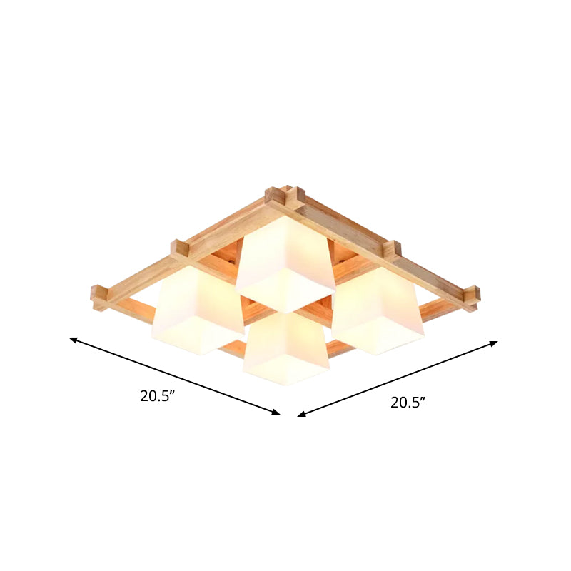 Nordic 4/6/9-Light Ceiling Mount Light Wood Grid Semi Flush Mount with Opal Frosted Glass Shade
